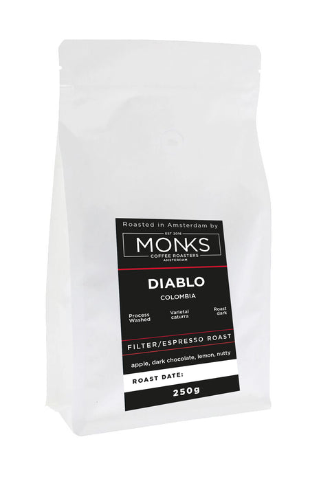 Diablo Colombian Coffee from Monks Coffee Roasters, a dark roast coffee from Colombia