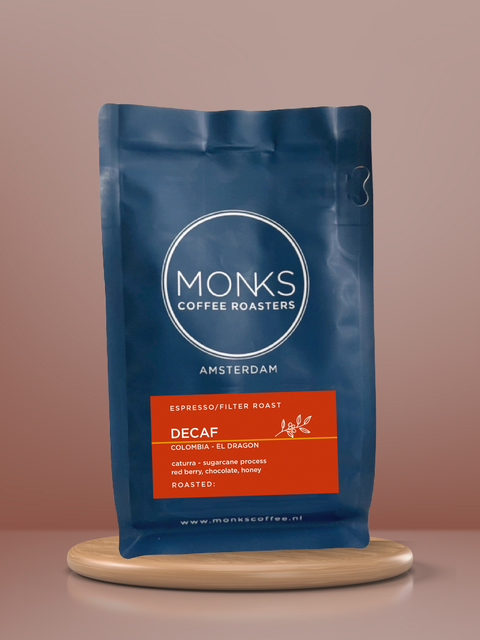 Decaf Colombian Coffee, espresso/filter roast, from Monks Coffee Roasters 