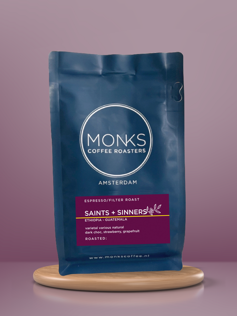 Saints + Sinners coffee, espresso/filter roast, Ethiopian-Guatemala blend from Monks Coffee Roasters