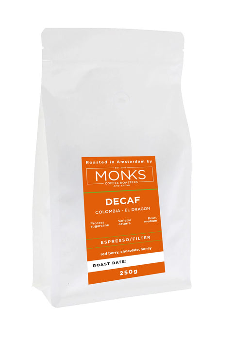 Decaf Coffee from Monks Coffee Roasters, a medium roast decaf coffee from Colombia