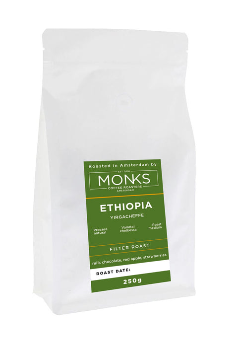 Ethiopia Yirgacheffe Coffee from Monks Coffee Roasters, a medium roast coffee from Ethiopia.