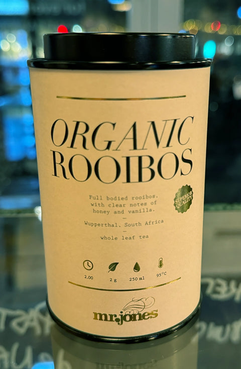 Organic rooibos tea from Mr Jones with a blurred background. 